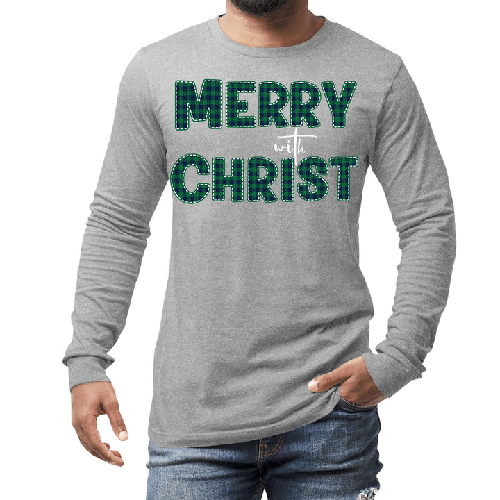 Mens Long Sleeve Graphic T-shirt Merry with Christ Green Plaid - Unisex