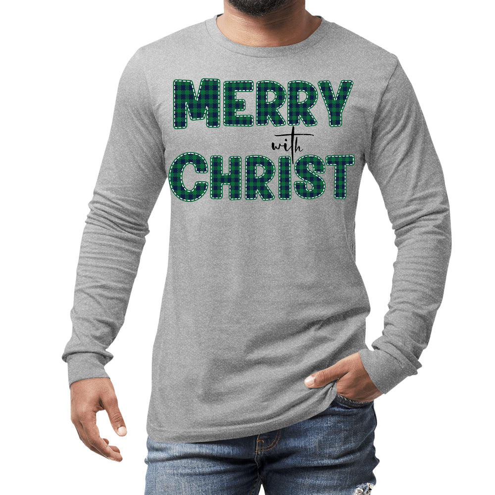 Mens Long Sleeve Graphic T-shirt Merry with Christ Green Plaid - Unisex