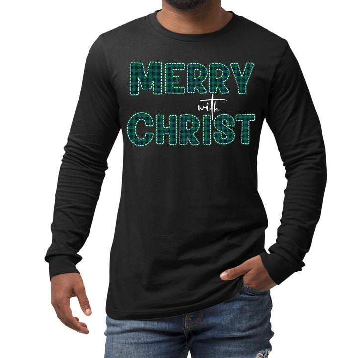 Mens Long Sleeve Graphic T-shirt Merry with Christ Green Plaid - Unisex