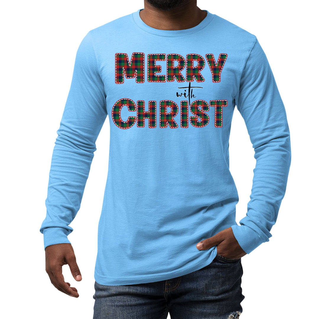 Mens Long Sleeve Graphic T-shirt Merry with Christ Red and Green - Unisex