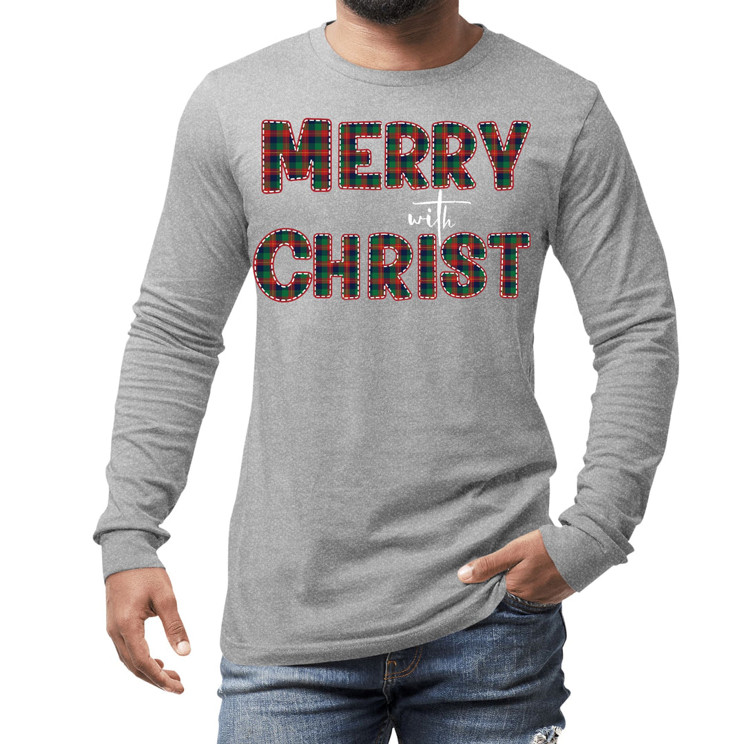 Mens Long Sleeve Graphic T-shirt Merry with Christ Red and Green - Unisex