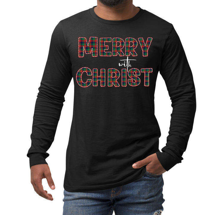 Mens Long Sleeve Graphic T-shirt Merry with Christ Red and Green - Unisex