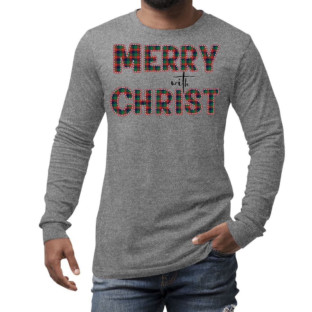 Mens Long Sleeve Graphic T-shirt Merry with Christ Red and Green - Unisex