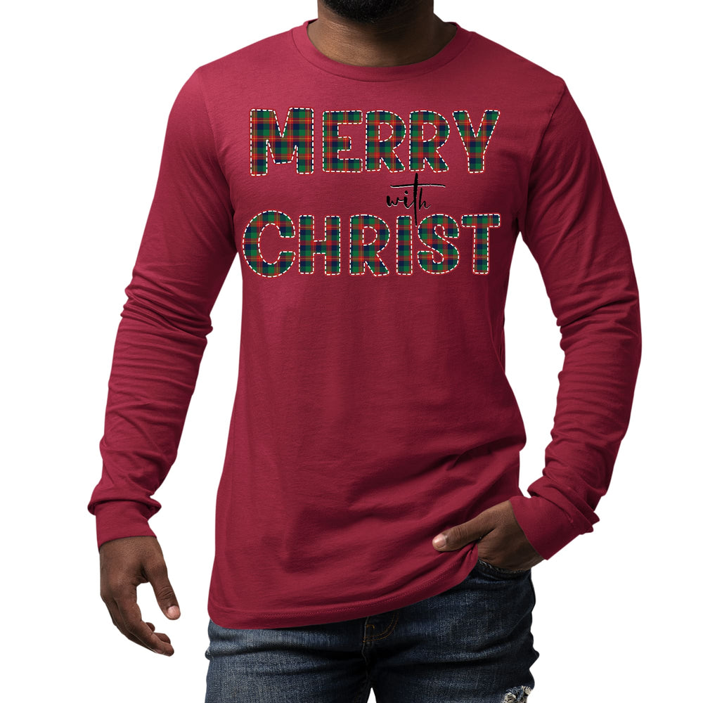 Mens Long Sleeve Graphic T-shirt Merry with Christ Red and Green - Unisex