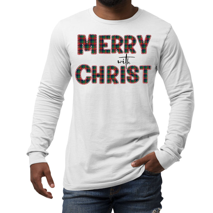 Mens Long Sleeve Graphic T-shirt Merry with Christ Red and Green - Unisex