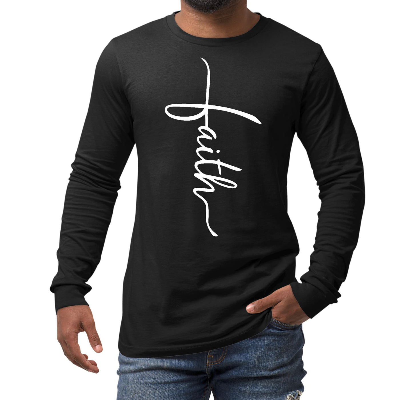 Mens Performance Long Sleeve T - shirt Faith Script Cross Illustration - Unisex