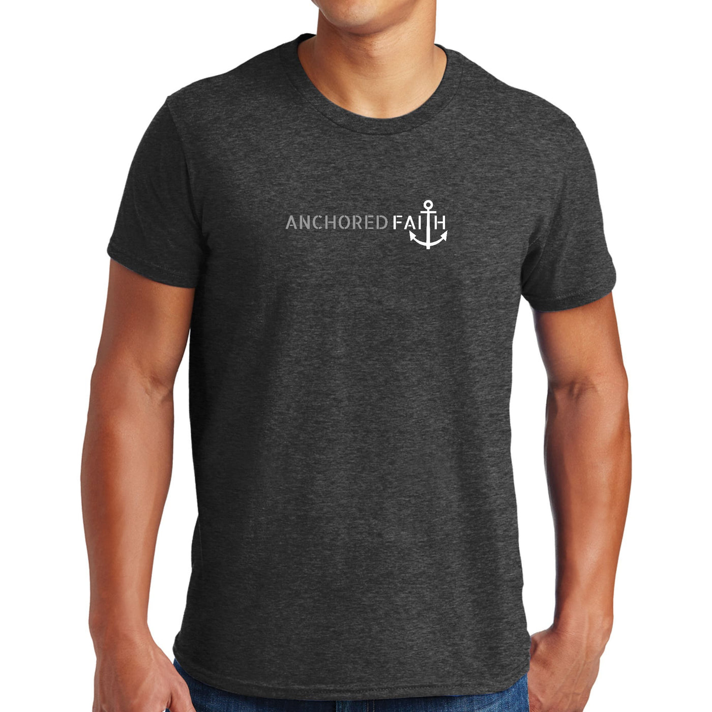 Mens Performance T - shirt Anchored Faith Grey And White Print - T - Shirts
