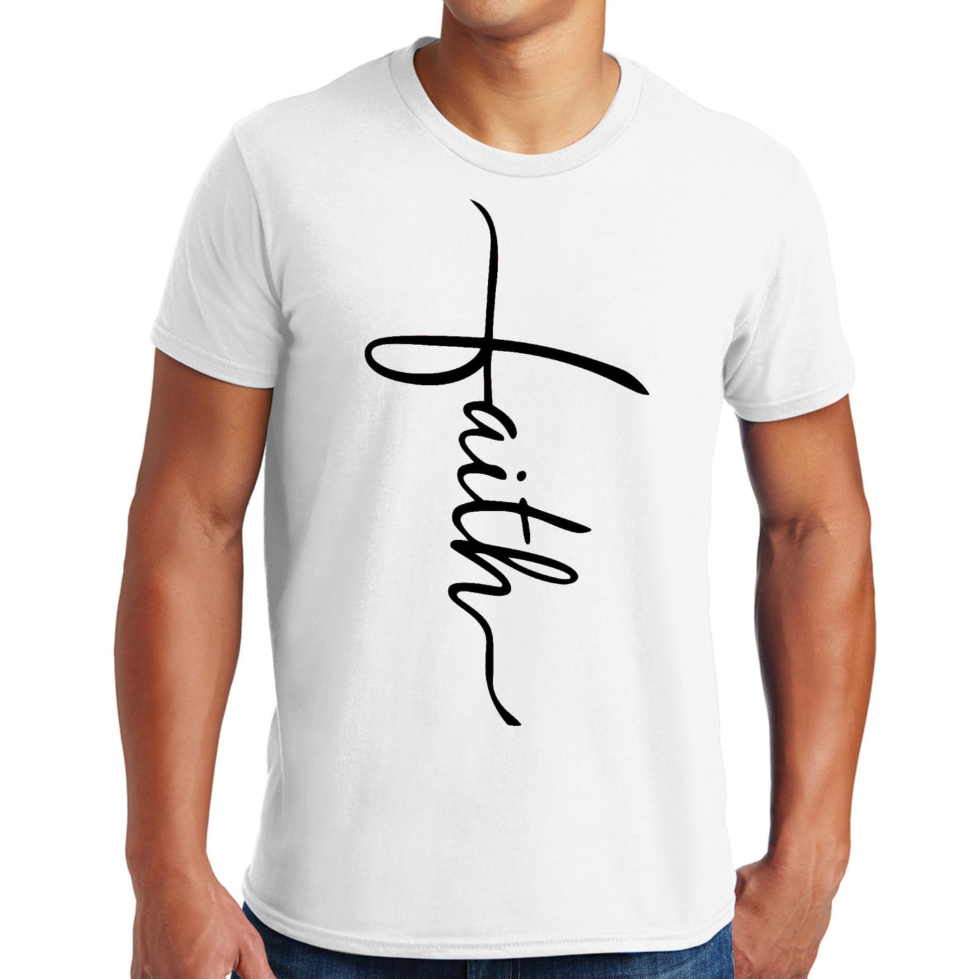Mens Performance T - shirt Faith Script Cross Black Illustration - T - Shirts
