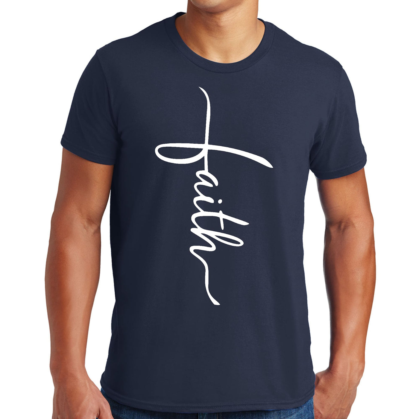 Mens Performance T - shirt Faith Script Cross Illustration - T - Shirts