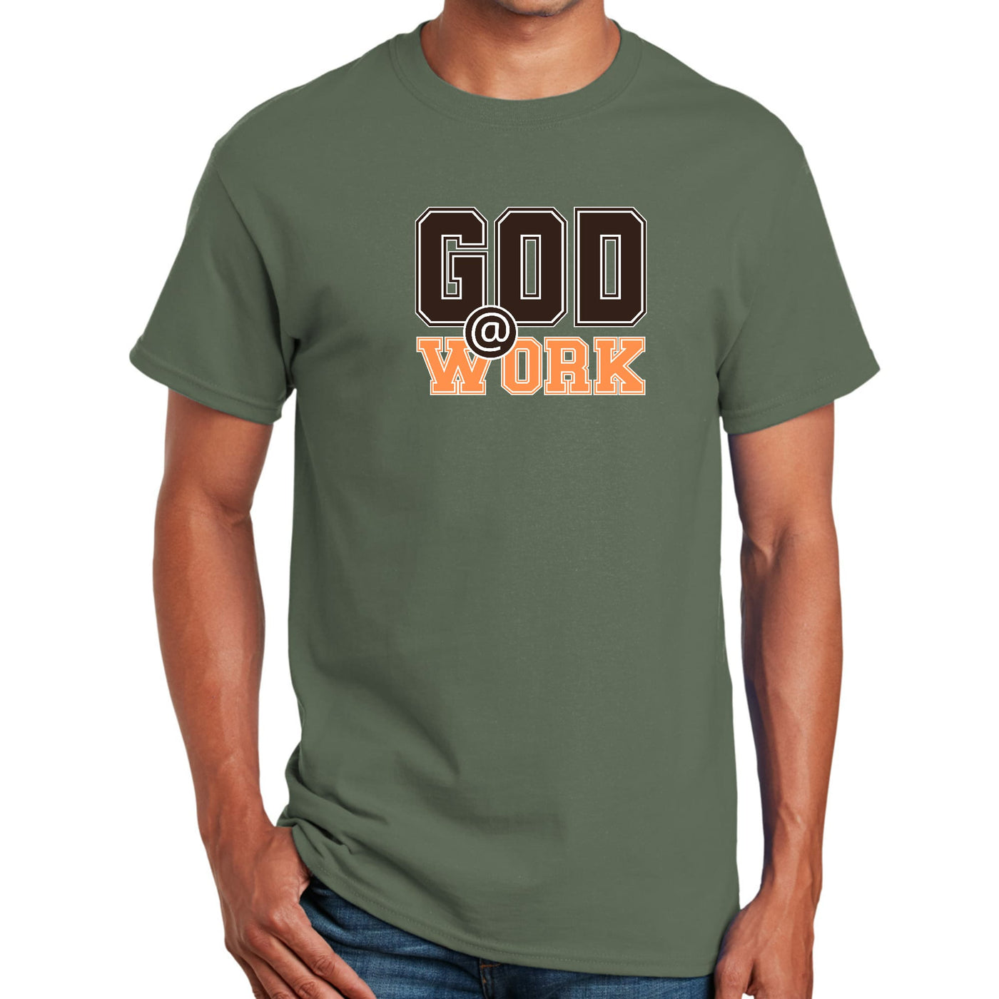 Mens Performance T - shirt God @ Work Brown And Orange Print - T - Shirts