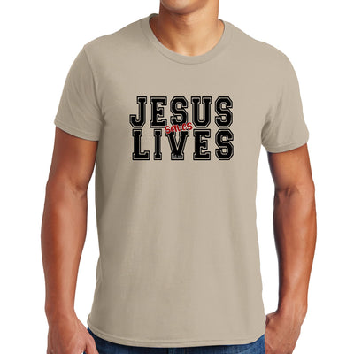 Mens Performance T - shirt Jesus Saves Lives Black Red Illustration - T - Shirts