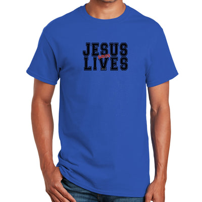 Mens Performance T - shirt Jesus Saves Lives Black Red Illustration - T - Shirts