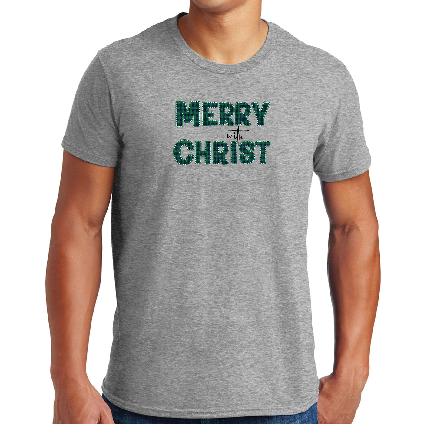 Mens Performance T-shirt Merry With Christ Green Plaid Christmas - Mens