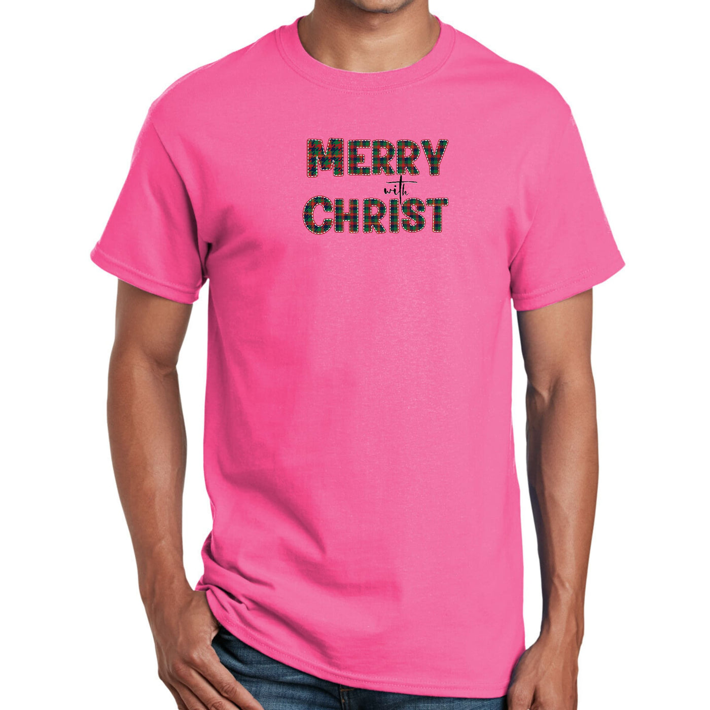 Mens Performance T - shirt Merry With Christ Red And Green Plaid - T - Shirts