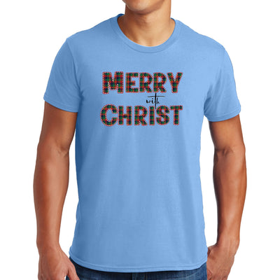 Mens Performance T - shirt Merry With Christ Red And Green Plaid - T - Shirts