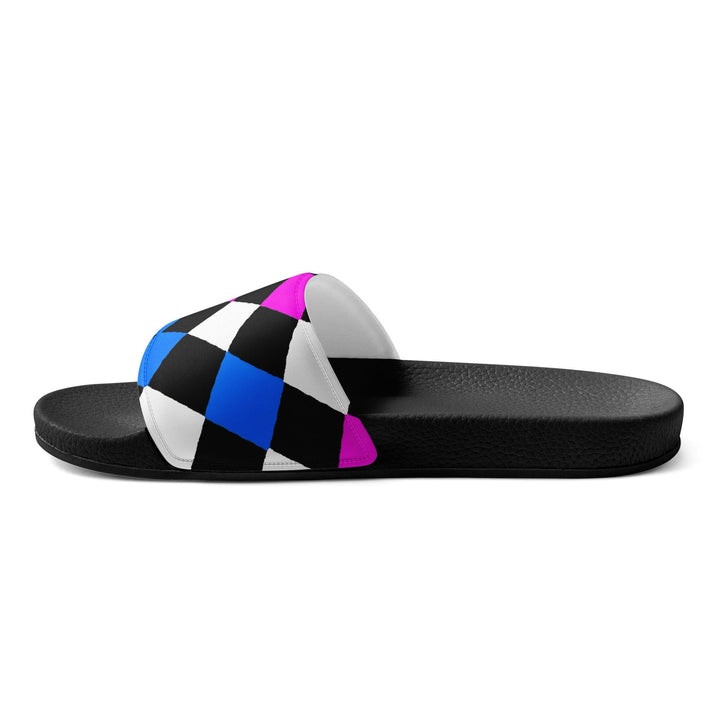 Mens Slide Sandals - Black Pink Blue Checkered Pattern - Mens | Slides