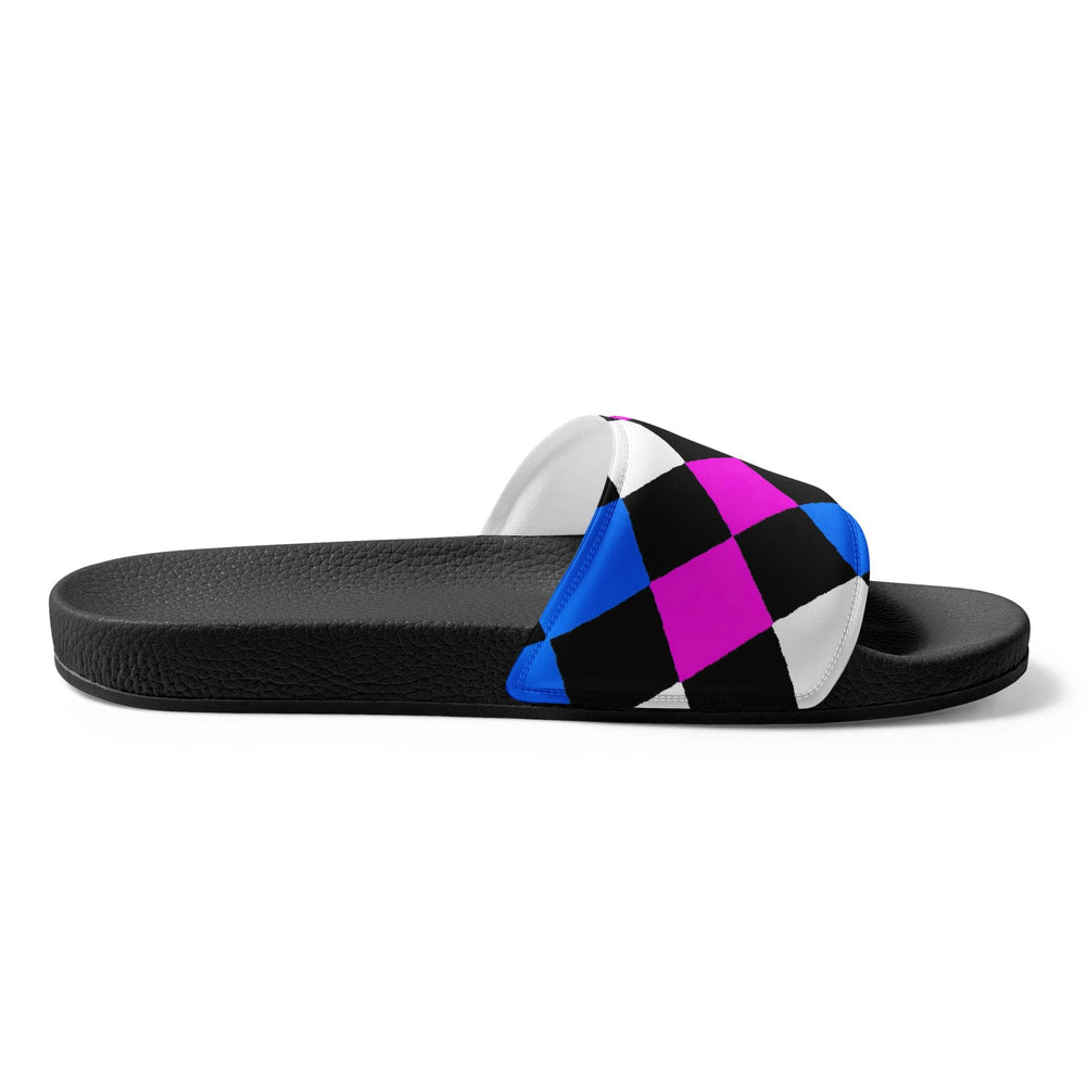 Mens Slide Sandals - Black Pink Blue Checkered Pattern - Mens | Slides