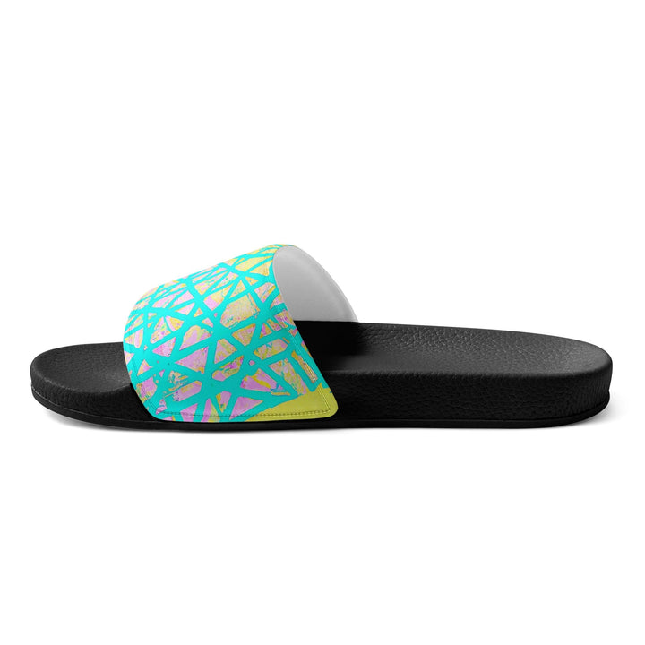 Mens Slide Sandals Cyan Blue Lime Green and Pink Pattern - Mens | Slides