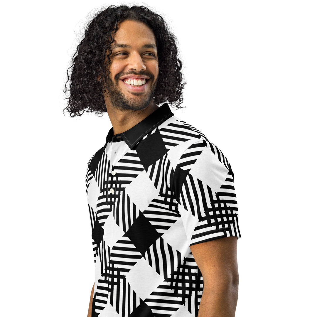 Mens Slim Fit Polo Shirt - Black and White Plaid Print - Mens | Polo Shirts