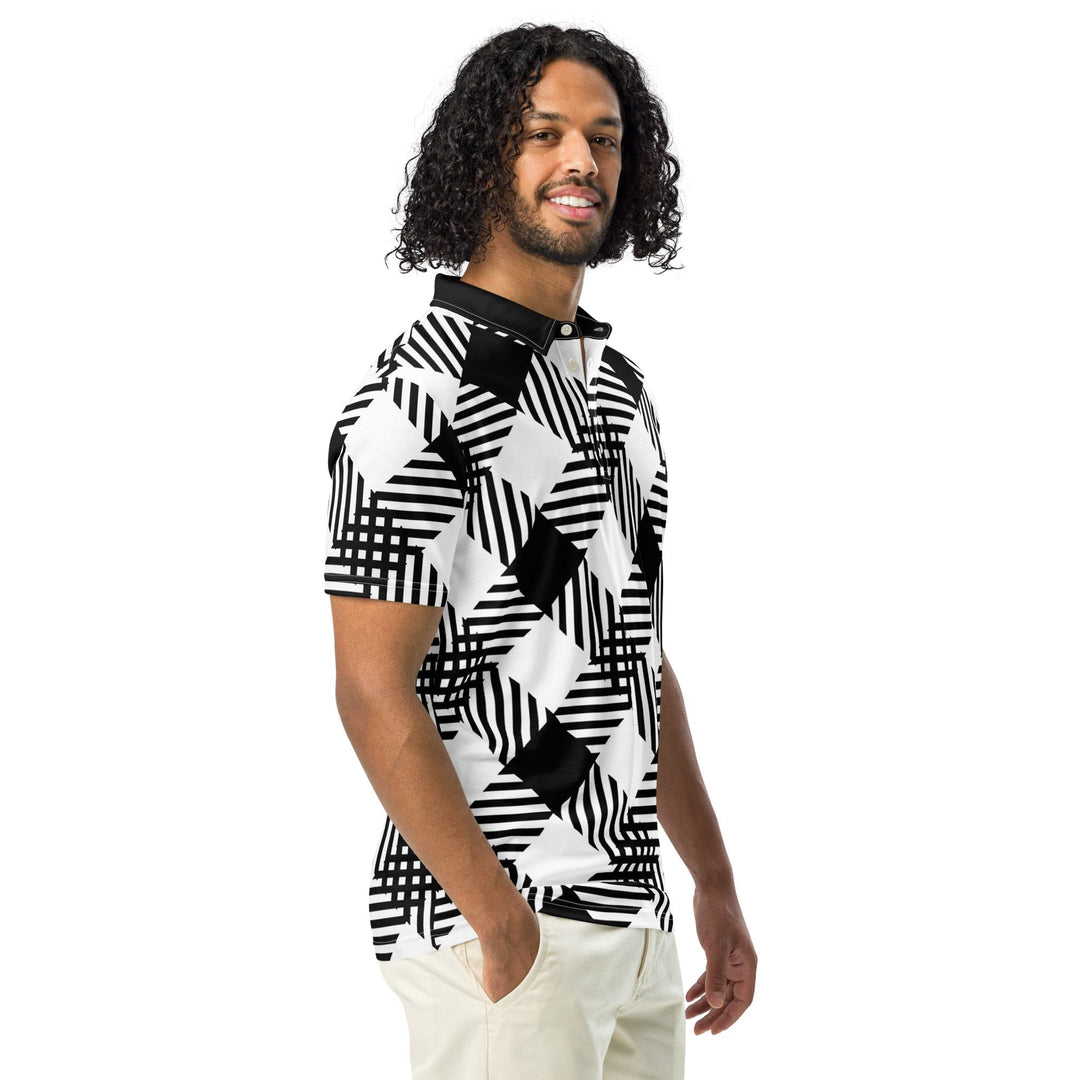 Mens Slim Fit Polo Shirt - Black and White Plaid Print - Mens | Polo Shirts