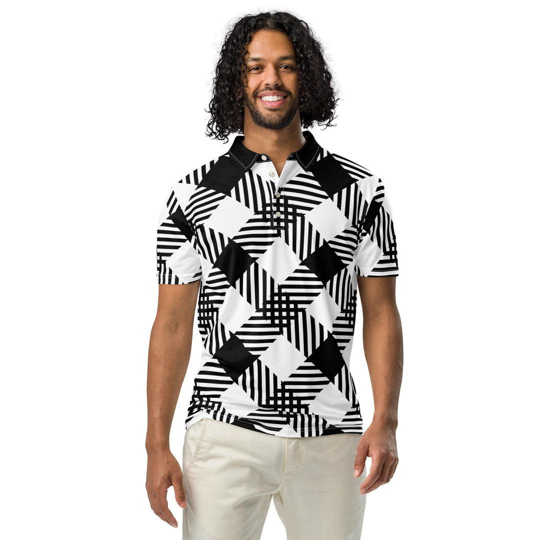 Mens Slim Fit Polo Shirt - Black and White Plaid Print - Mens | Polo Shirts