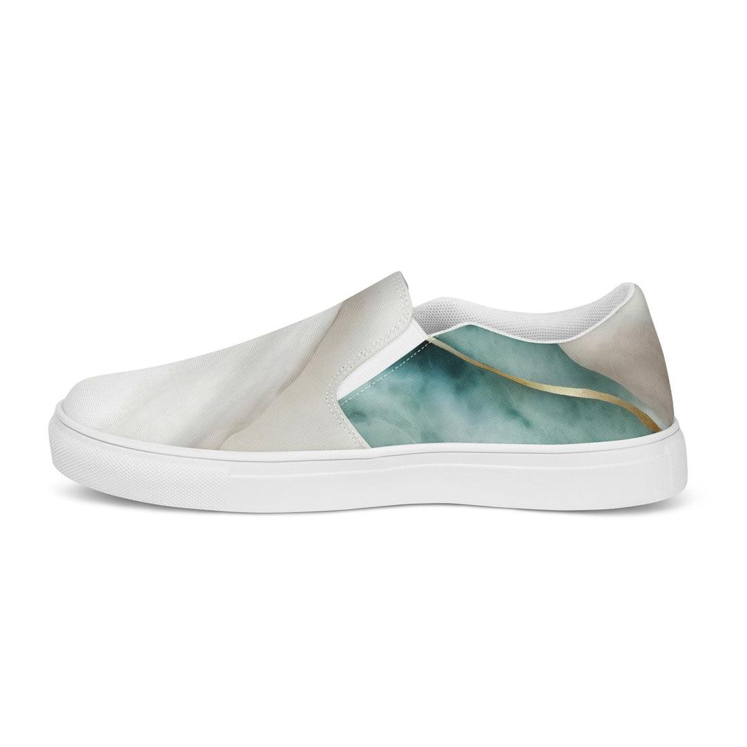 Mens Slip-on Canvas Shoes Cream White Green Marbled Print