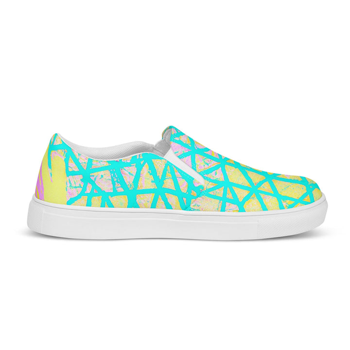 Mens Slip-on Canvas Shoes Cyan Blue Lime Green and Pink Pattern