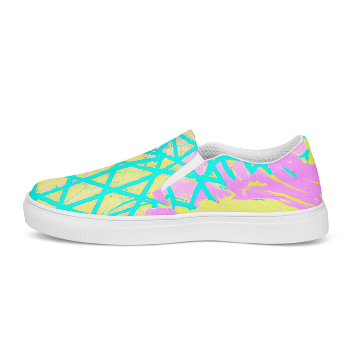 Mens Slip-on Canvas Shoes Cyan Blue Lime Green and Pink Pattern