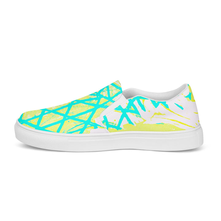 Mens Slip-on Canvas Shoes Cyan Blue Lime Green and White Pattern