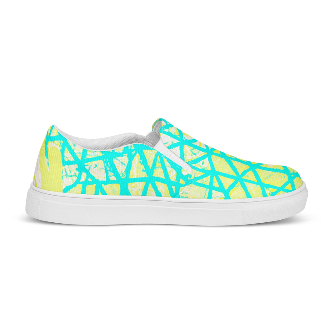 Mens Slip-on Canvas Shoes Cyan Blue Lime Green and White Pattern