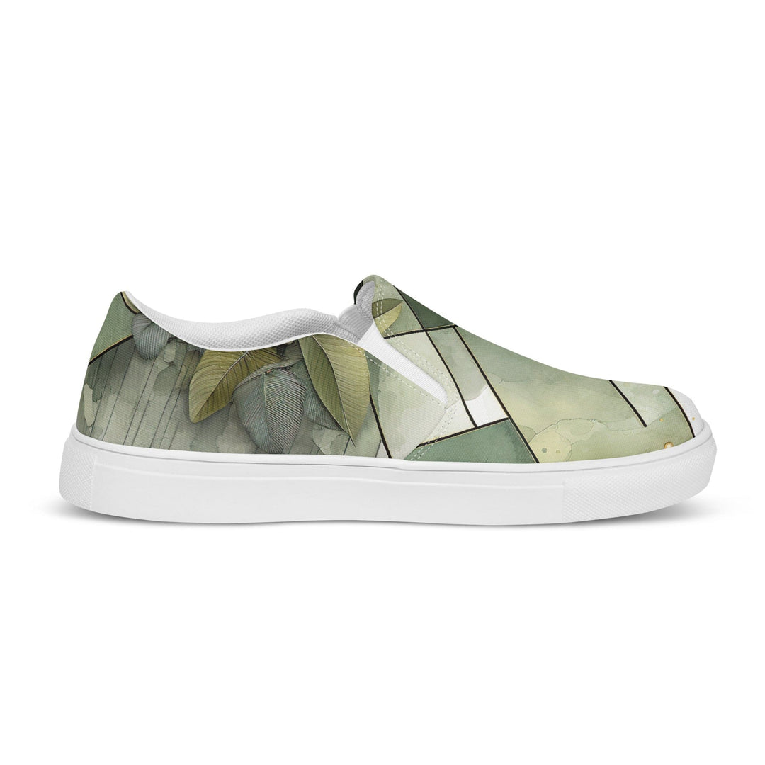 Mens Slip-on Canvas Shoes Olive Green Mint Leaf Geometric Print