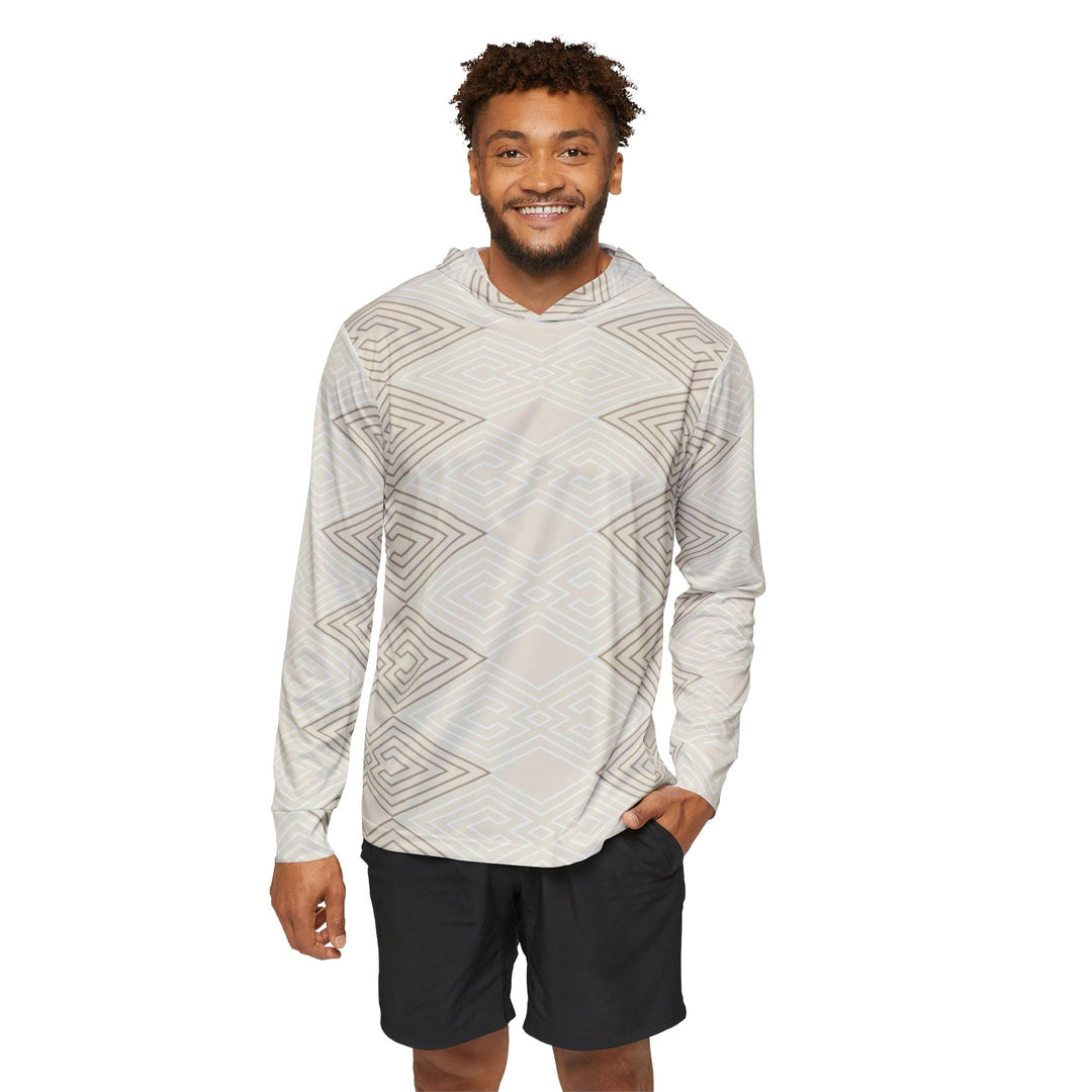 Mens Sports Performance Graphic Hoodie - Beige and White Tribal Geometric Aztec