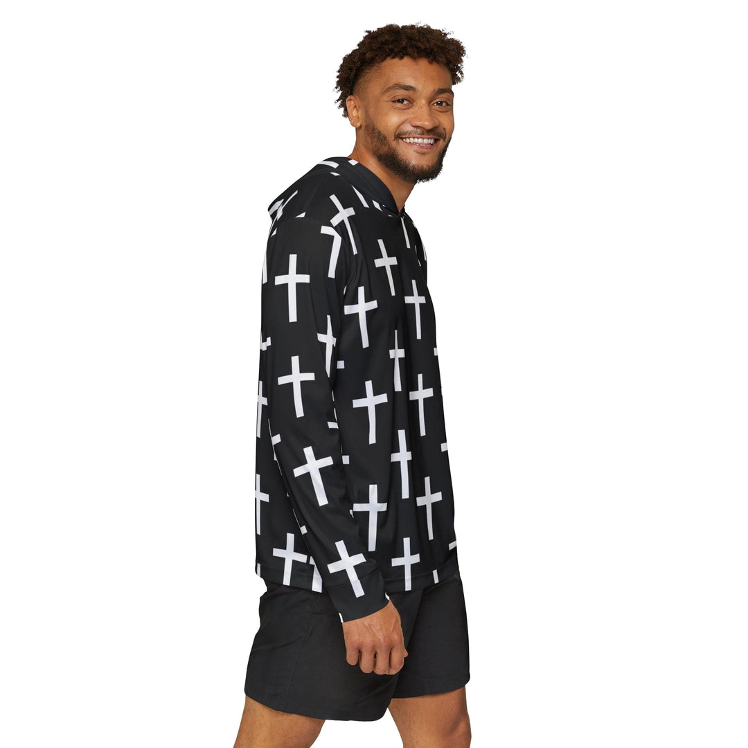 Mens Sports Graphic Hoodie Black And White Seamless Cross Pattern - Mens