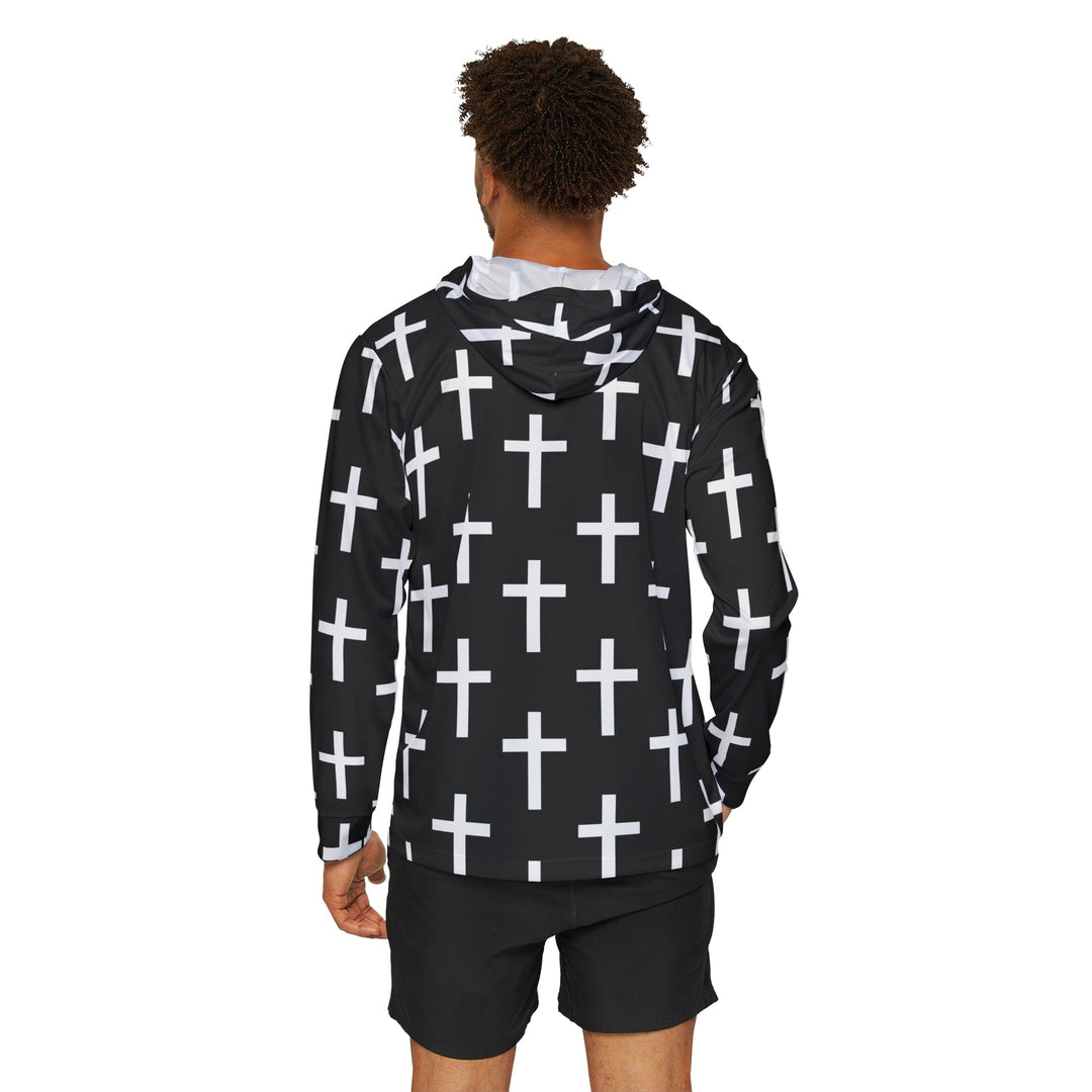 Mens Sports Graphic Hoodie Black And White Seamless Cross Pattern - Mens