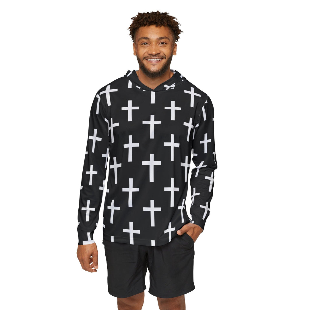 Mens Sports Graphic Hoodie Black And White Seamless Cross Pattern - Mens