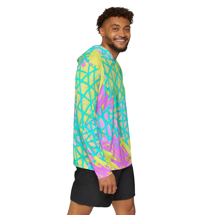 Mens Sports Graphic Hoodie Cyan Blue Lime Green And Pink Pattern - Mens
