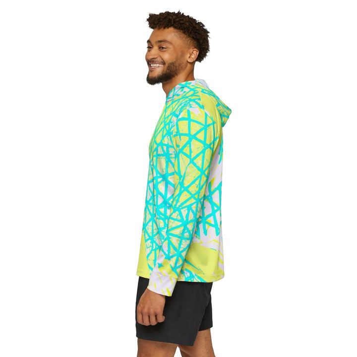 Mens Sports Graphic Hoodie Cyan Blue Lime Green And White Pattern - Mens