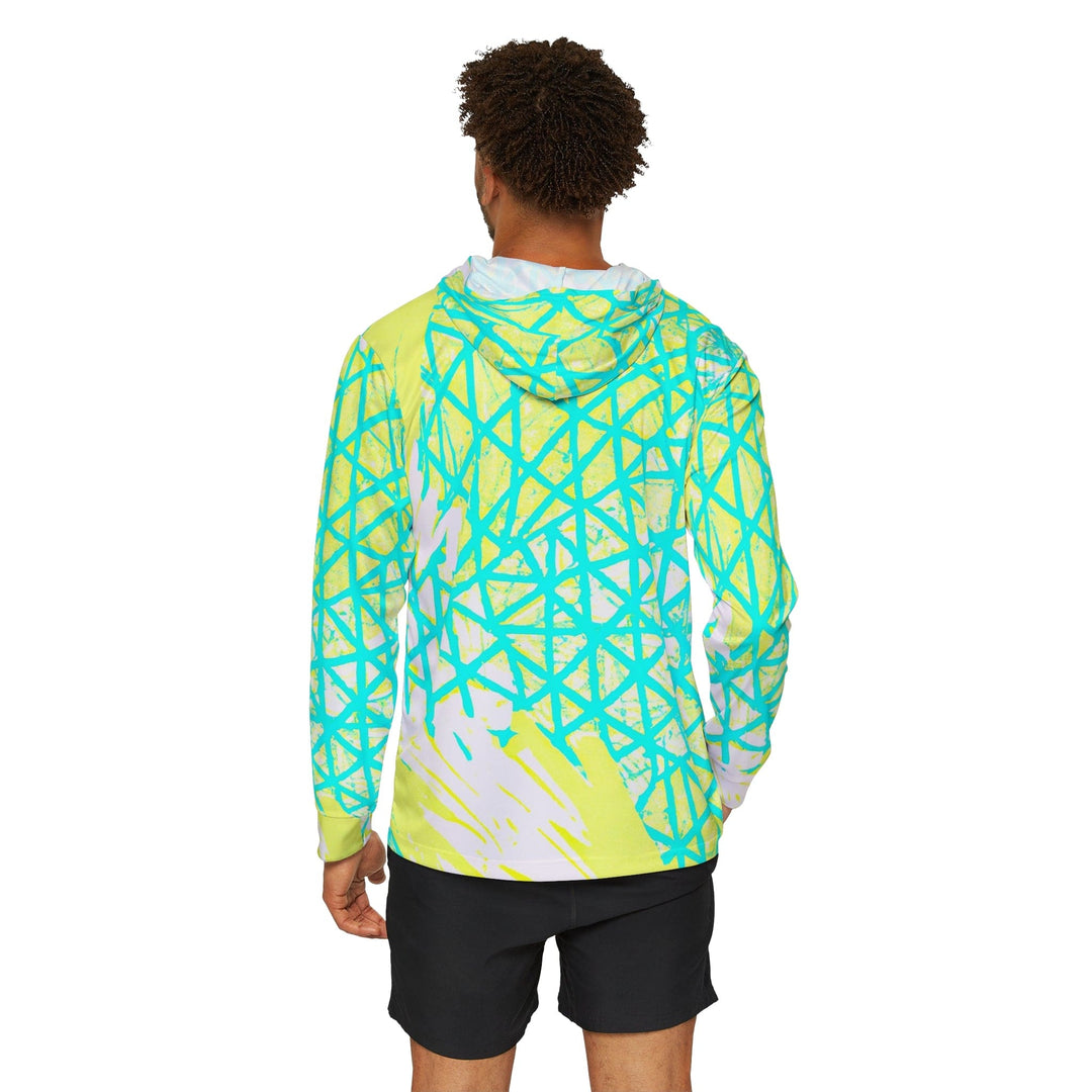 Mens Sports Graphic Hoodie Cyan Blue Lime Green And White Pattern - Mens