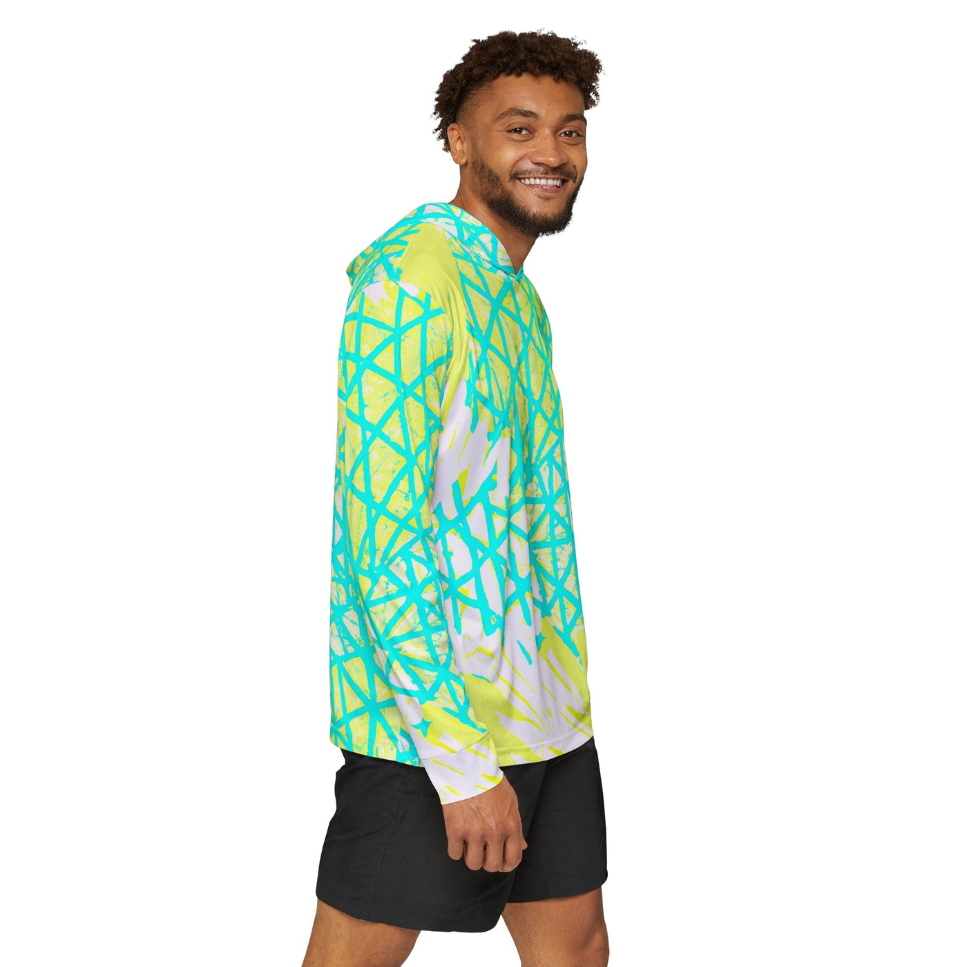 Mens Sports Graphic Hoodie Cyan Blue Lime Green And White Pattern - All Over