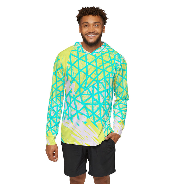 Mens Sports Graphic Hoodie Cyan Blue Lime Green And White Pattern - Mens