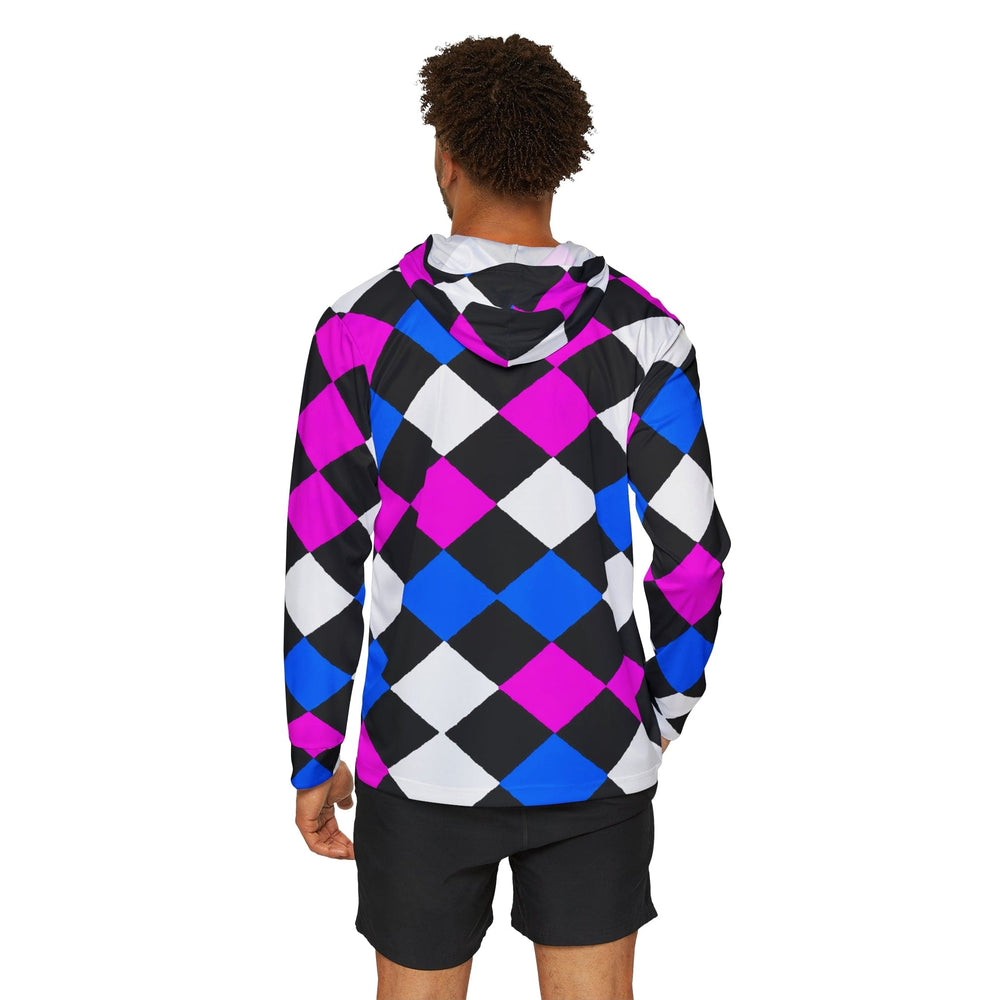 Mens Sports Performance Graphic Hoodie - Pink Blue Checkered Pattern - Mens