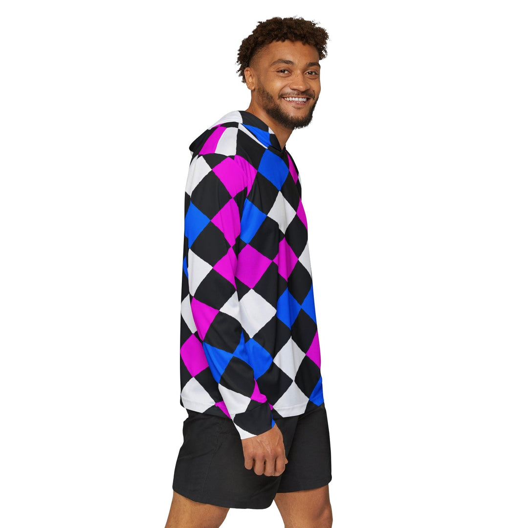 Mens Sports Graphic Hoodie Pink Blue Checkered Pattern - Mens | Hoodies | AOP