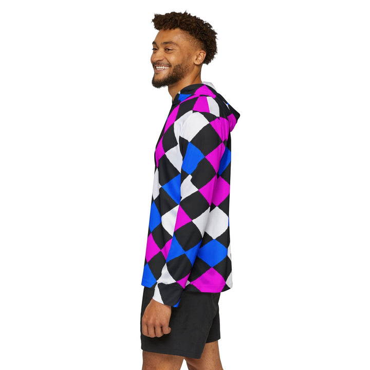 Mens Sports Graphic Hoodie Pink Blue Checkered Pattern - Mens | Hoodies | AOP