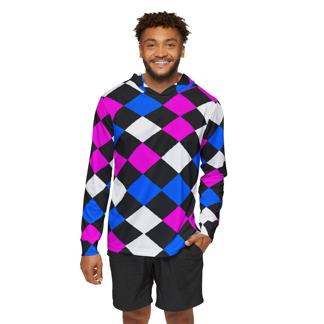 Mens Sports Performance Graphic Hoodie - Pink Blue Checkered Pattern - Mens