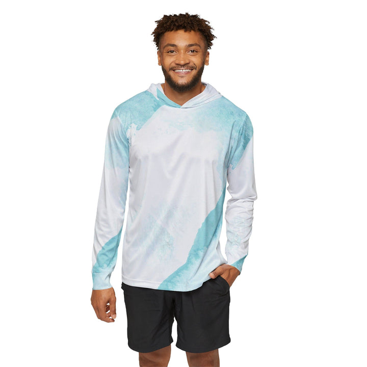 Mens Sports Performance Graphic Hoodie - Subtle Abstract Ocean Blue and White