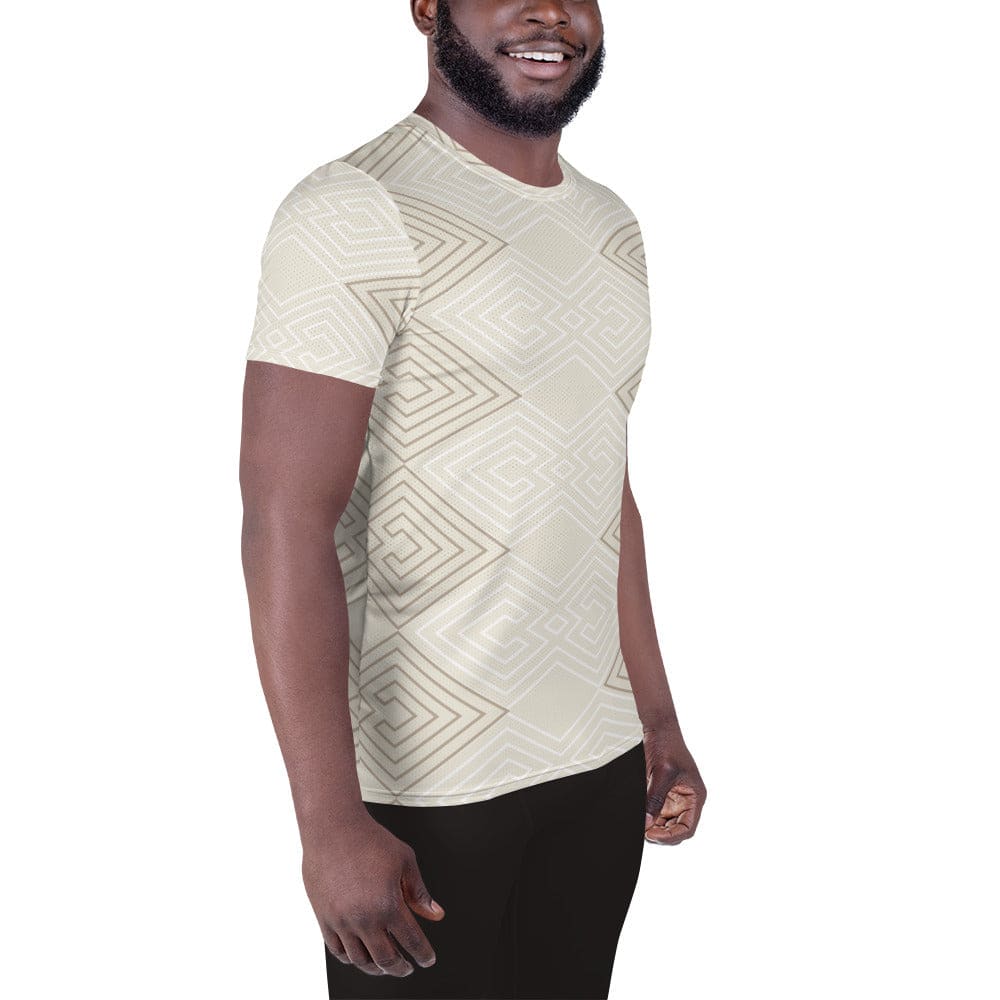 Mens Stretch Fit Athletic Sports T-shirt - Beige Brown Aztec Geometric