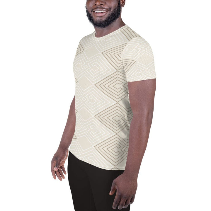Mens Stretch Fit Athletic Sports T-shirt - Beige Brown Aztec Geometric