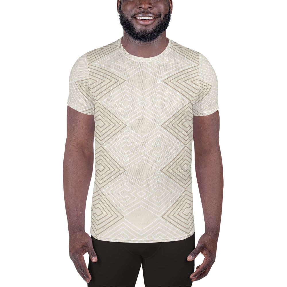 Mens Stretch Fit Athletic Sports T-shirt - Beige Brown Aztec Geometric