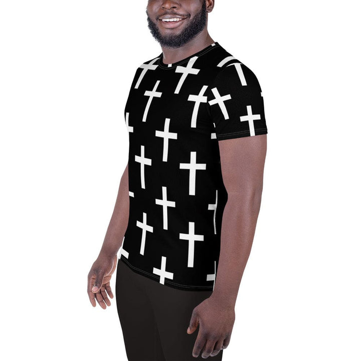 Mens Stretch Fit Athletic Sports T-shirt - Black White Cross Print
