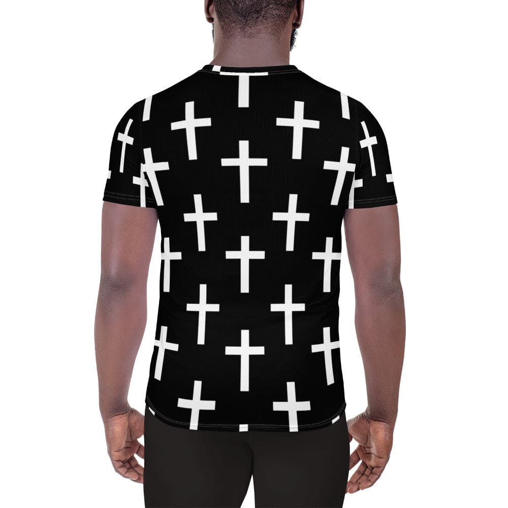 Mens Stretch Fit Athletic Sports T-shirt - Black White Cross Print